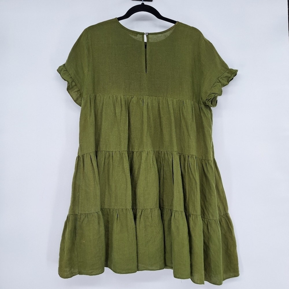 Karlie Ramie Linen Blend‎ Moss Green Tier Babydoll Dress Size Large